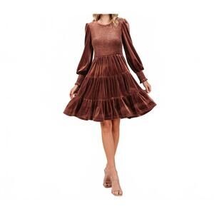 NEW ROLYPOLY smocked long sleeve ruffle hem tiered velvet dress in brown